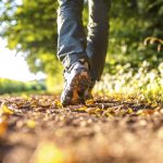 close up of feet walking on a woodland track