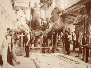 The magnificent Boadicea group being assembled at Singers in 1902, prior to departure from the foundry to be placed on the Embankment in London. This magnificent public sculpture is by Thomas Thorneycroft but the work was finished by his son Hamo, who is also well known for his other works that were all cast at Singers, including Oliver Cromwell and William Gladstone (London), King Alfred (Winchester) and the Figure of Peace, which forms the Luton War memorial