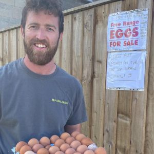 Man holding tray of hens' eggs