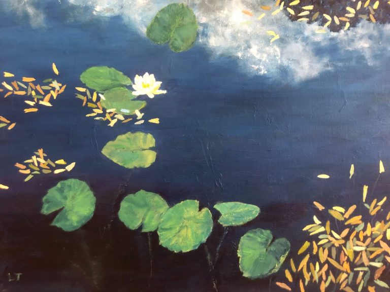 Painting: lily pads on pond by Lorna Thomas