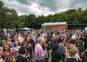 Crowds outside Cheese and grain for first Saturday evening of Frome festival