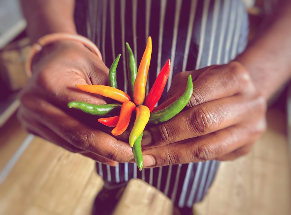 Hands holding fresh chillies