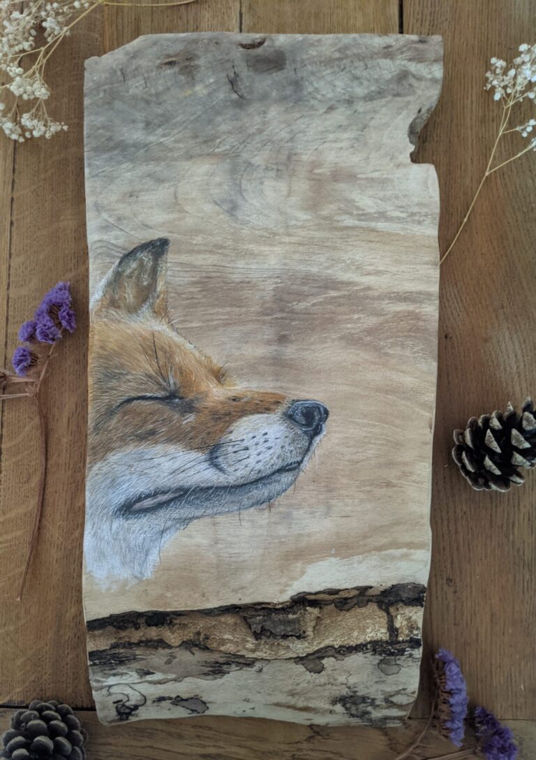 Painting of a fox on wood by Kerry Munden Starr