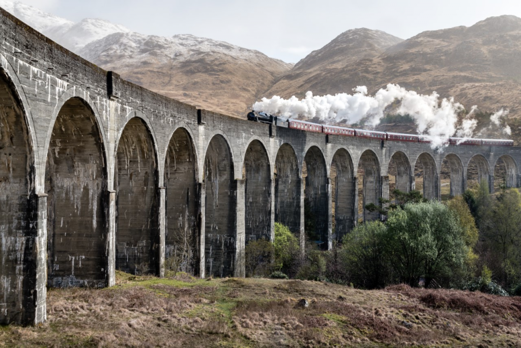 Train travelling over bridge