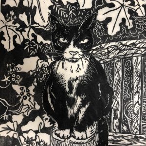 Cat lino cut artwork by Steven Jenkins