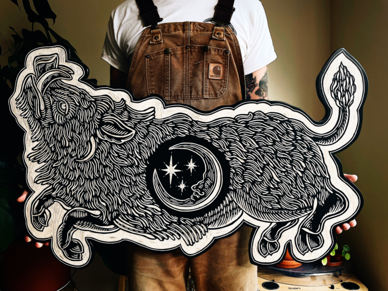 Robbie W Jones woodcuts - boar with moon