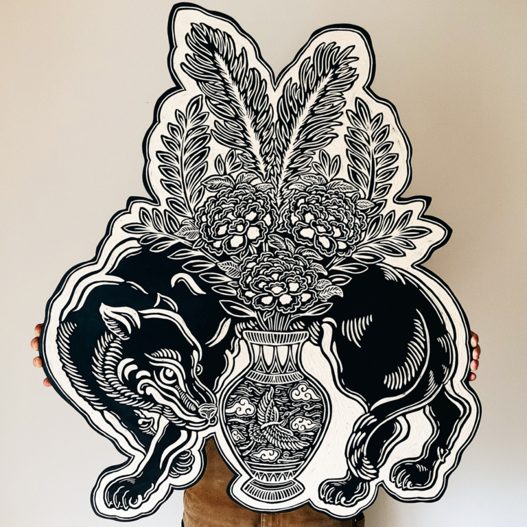 Robbie W Jones woodcuts - wolf and flowers