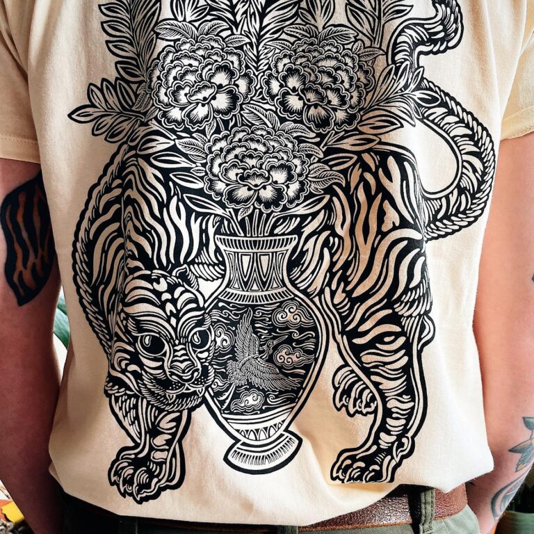 Tiger t-shirt by Robbie W Jones woodcuts