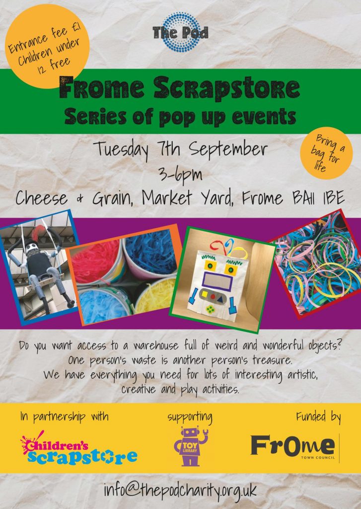 The title of the Frome Pop Up Scrap store and the date the event will be on Tuesday 7th of September