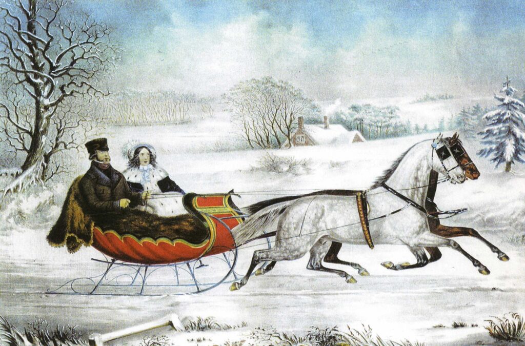 Painting of couple driving horse and carriage through snow
