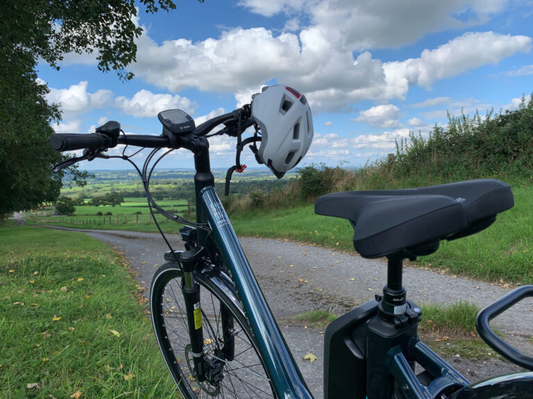 ebike with helmet on the handle bar