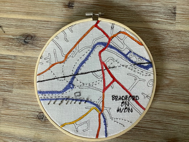 Plum Stitch & Dye embroidered map of Bradford on Avon