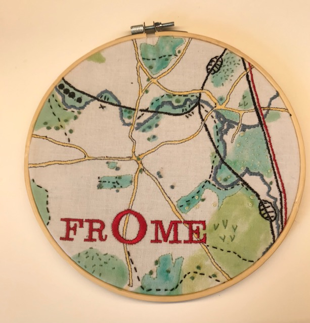 Plum Stitch & Dye embroidered map of Frome
