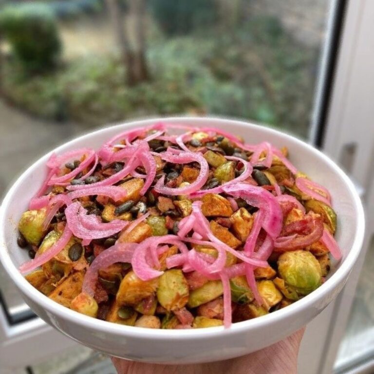 Roasted, lightly spiced sprouts with crispy pancetta, pumpkin seeds and pickled red onions