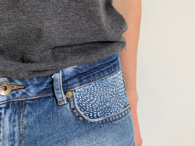 Slow Stitch Club visible mending jeans pocket