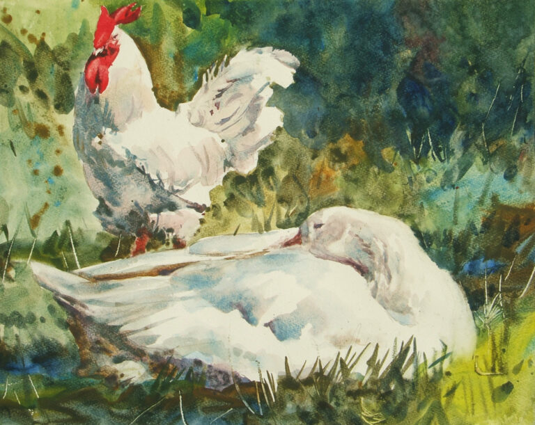 Brian Baxter painting - Cockerel and Sleeping Goose