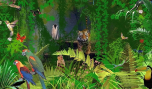 Jungle with animals and birds