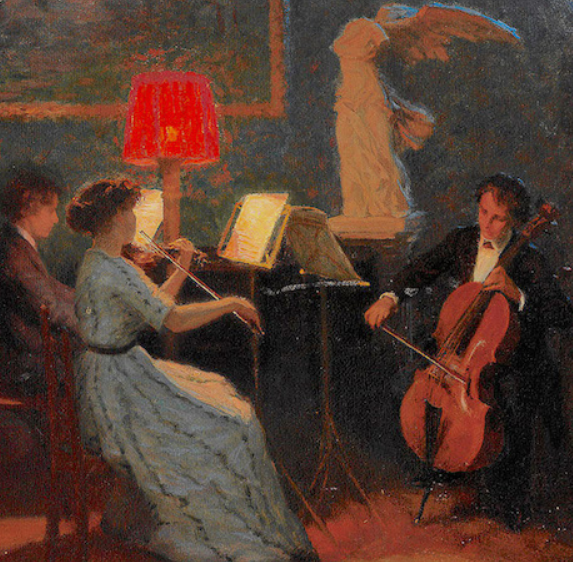 Painting of trio playing instruments