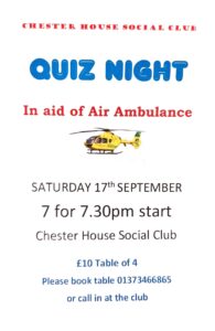 Flyer for Chester House Quiz Night, call 01373 466865 to book a table