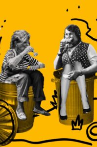 Women sitting on bins