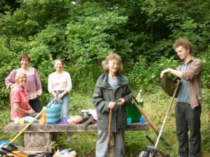 Frome Millennium Green volunteers Linda, Marjory, Liz, Veryan and Ronan enjoying a break.