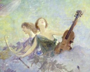 an oil painting of two young women, playing a harp and a violin