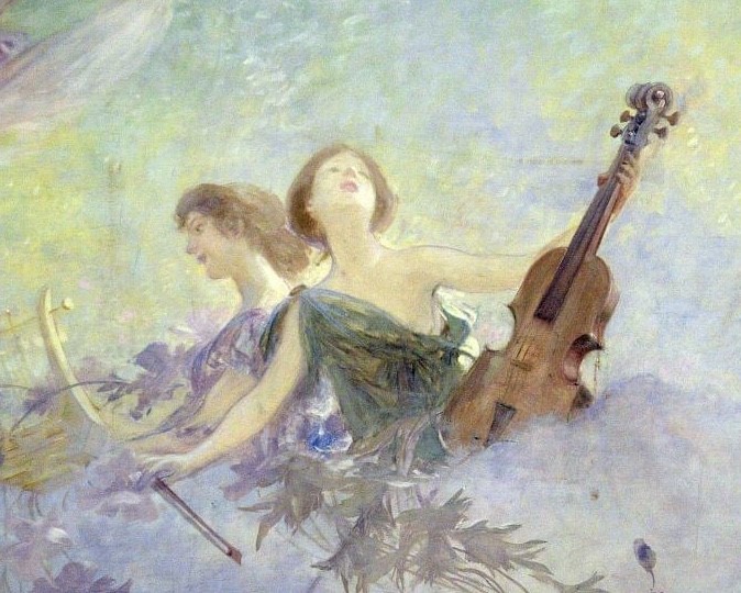 an oil painting of two young women, playing a harp and a violin