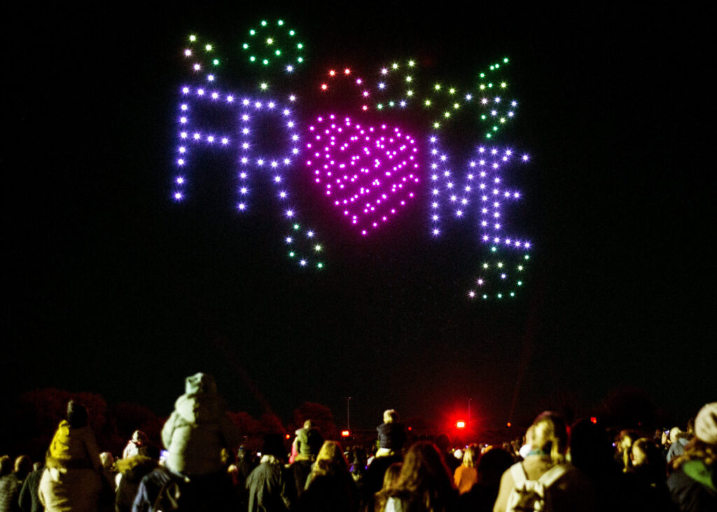 Drone formation in the sky spelling out Frome