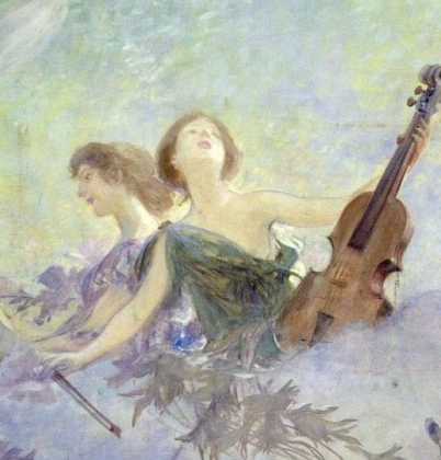 an oil painting of two young women, playing a harp and a violin